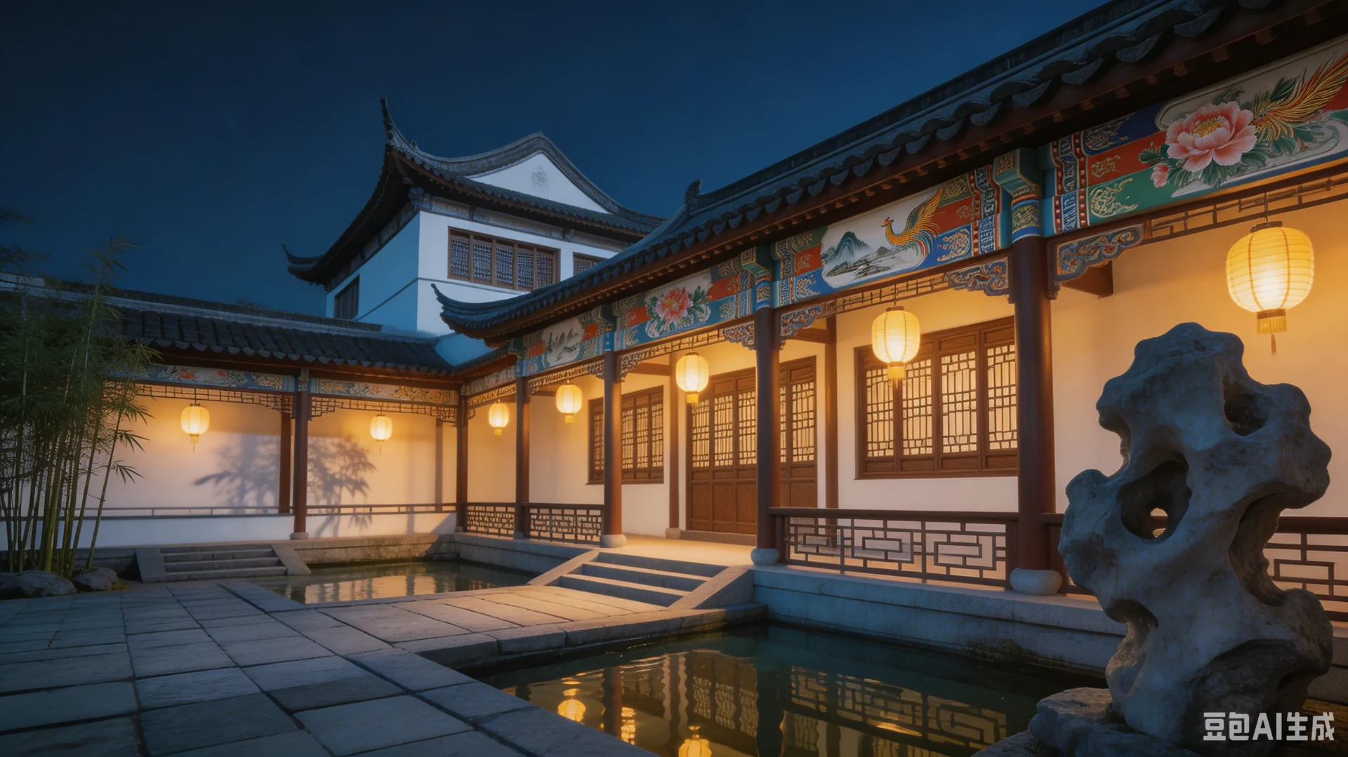 夜色中的苏式彩绘建筑